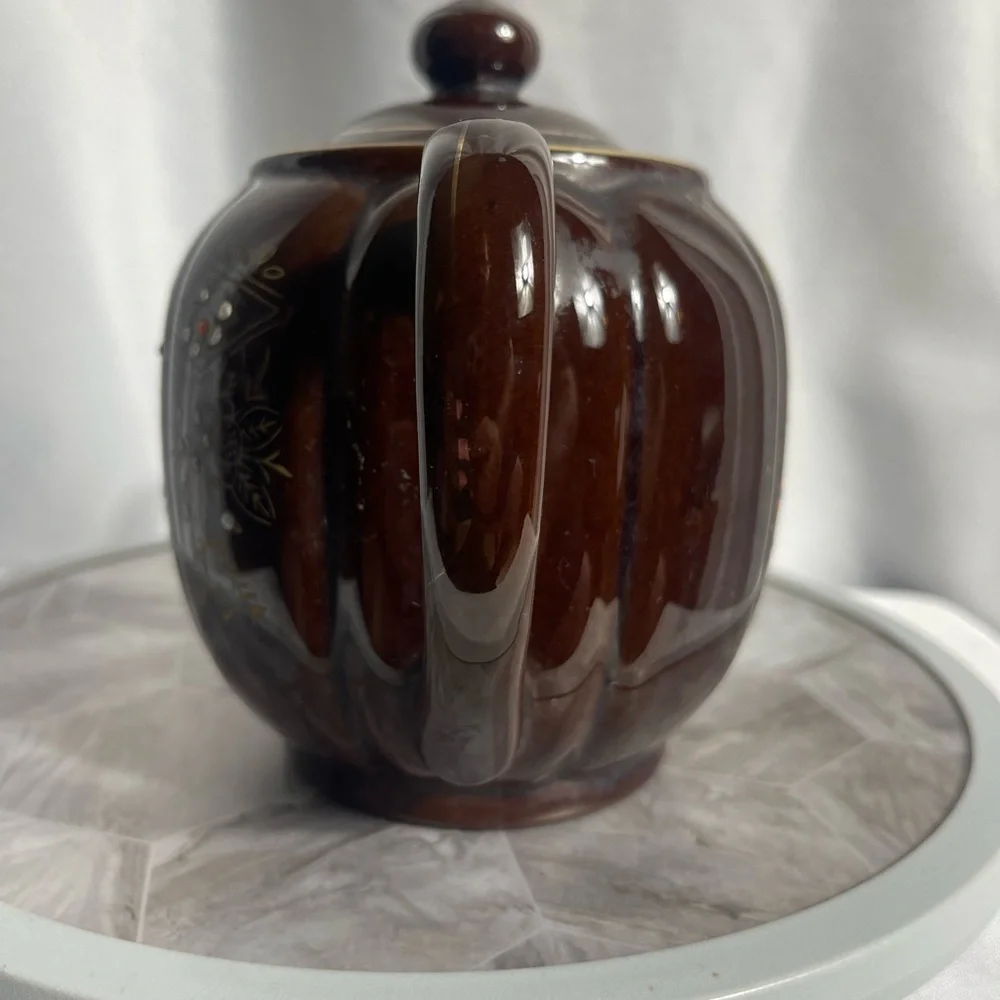 Vintage Hand-Painted Brown Ceramic Teapot from Japan – Floral Motif, 6.5” - Picture 10 of 10